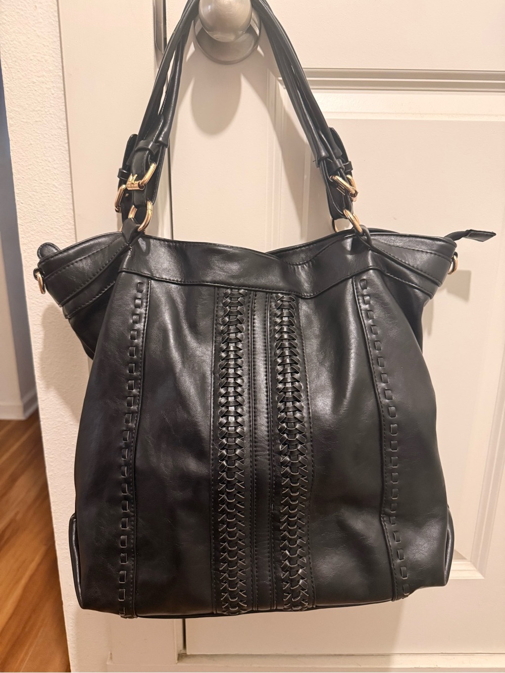Sole Society Black Woven-Panel Shoulder Tote